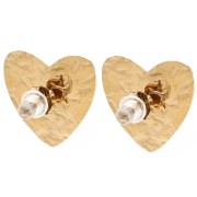 Boucd'oreilles cœur 17x18mm cabochons et strass - Acier inox Doré 304 - Blanc x2