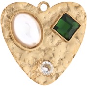 Pendentif cœur 17.5x18 mm cabochons et strass - Acier inox Doré 304 - Blanc - Vert