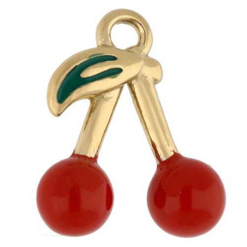 Breloque cerises 16.5x14 mm avec résine époxy  - Acier Inox 304 Doré - Rouge x1
