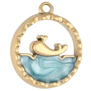 Breloque ronde ajouré 15 mm - motif marin avec époxy - Acier inox 304 Doré - Bleu|raw }}