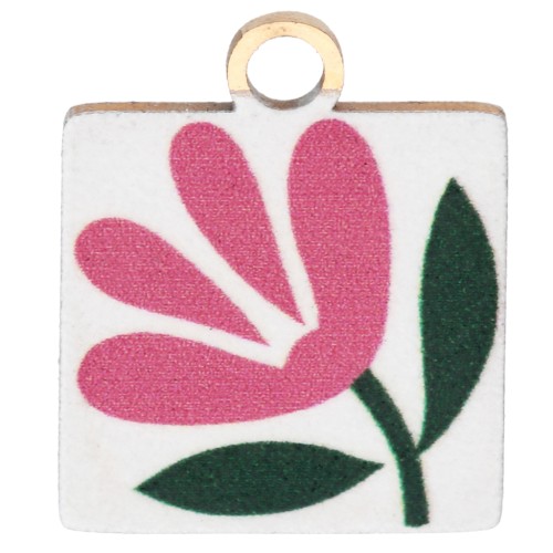 Breloque carrée 14x12mm impression UV - Fleur - Acier inox 304 Doré - Blanc - Rose