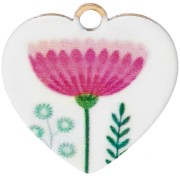 Breloque coeur 15.5 mm impression UV - Fleur - Acier inox 304 Doré - Blanc - Rose