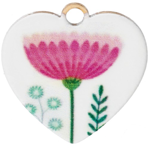 Breloque coeur 15.5 mm impression UV - Fleur - Acier inox 304 Doré - Blanc - Rose
