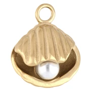 Breloque coquillage 17.5x15 mm avec perle nacre - Acier inox 304 Doré - Blanc
