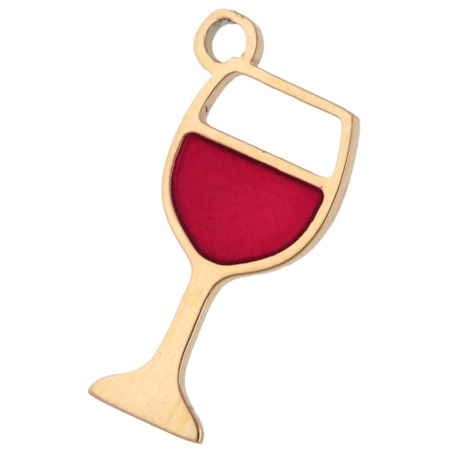 Breloque verre de vin 15.8x8 mm résine époxy  - Acier Inox 304 Doré - Rouge x1