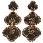 Boucles d'oreilles pendantes 99x45 mm raphia et perles brodées - Bronze - Gris x2|raw }}