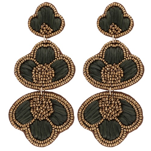 Boucles d'oreilles pendantes 99x45 mm raphia et perles brodées - Bronze - Gris x2