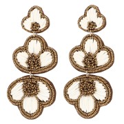 Boucles d'oreilles pendantes 99x45 mm raphia et perles brodés - Bronze - Ecru x2