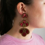 Boucles d'oreilles pendantes 99x45 mm raphia et perles brodés Bronze - Bordeaux x2