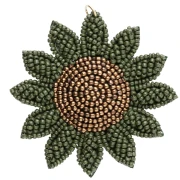 Pendentif fleur tournesol 60 mm en perles brodés - Kaki - Bronze x1