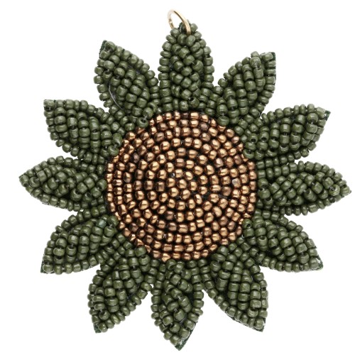 Pendentif fleur tournesol 60 mm en perles brodés - Kaki - Bronze x1