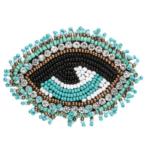 Pendentif oeil 46x65 mm en perles et CZ brodés - Turquoise - Crystal - Noir x1