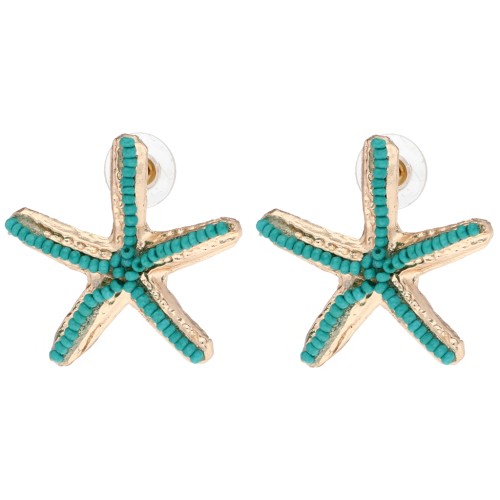 Boucles d'oreilles étoile de mer 35x37 mm avec perles - Doré - Turquoise x2