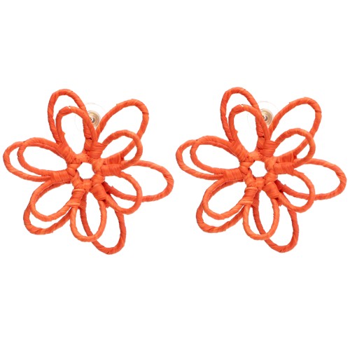 Boucles d'oreilles fleur en fil - volume 3D - 52 mm en raphia - Orange x2