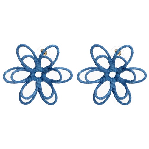 Boucles d'oreilles fleur en fil - volume 3D - 52 mm en raphia - Bleu x2