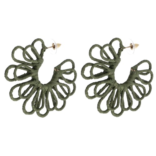 Créoles fleur en fil - volume 3D - 57 mm en raphia - Kaki x2