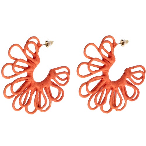 Créoles fleur en fil - volume 3D - 57 mm en raphia - Orange x2
