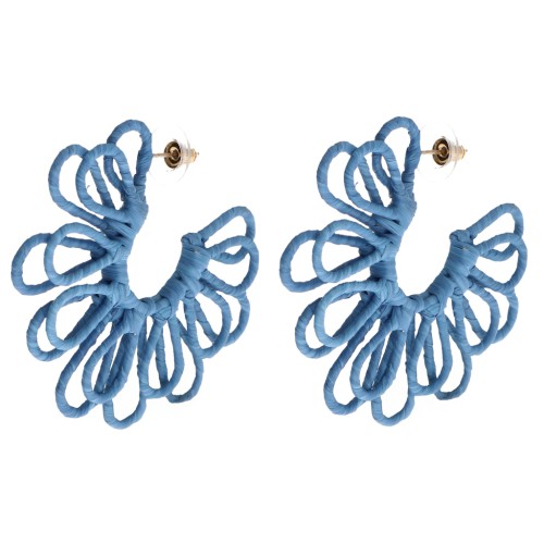 Créoles fleur en fil - volume 3D - 57 mm en raphia - Bleu x2