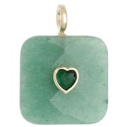 Pendentif carré facetté 33x25 mm en pierre gemme et coeur CZ - Aventurine x1