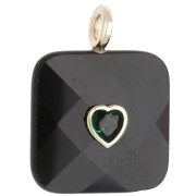 Pendentif carré facetté 33x25 mm en pierre gemme et coeur CZ - Onyx Noir x1