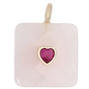 Quartz rose - Pendentif carré facetté 33x25 mm en pierre gemme et coeur CZ - Quartz Rose x1 Pendentif carré facetté 33x25 mm en pierre gemme et coeur CZ - Quartz Rose x1