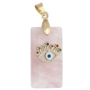 Pendentif rectange 25x13 mm pierre gemme et oeil CZ et résine époxy - Quartz Rose