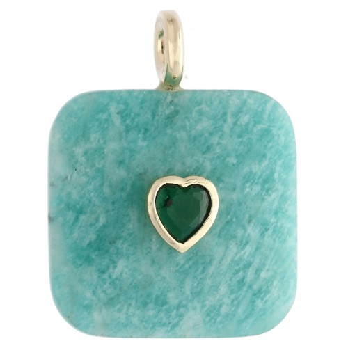 Pendentif carré facetté 33x25 mm en pierre gemme et coeur CZ - Amazonite x1