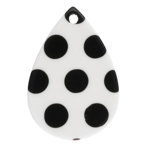 Pendentif goutte 22x15 mm en acétate - motif pois - Blanc - Noir x1
