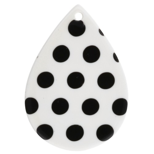 Pendentif goutte 31x22 mm en acétate - motif pois - Blanc - Noir x1