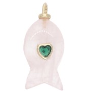Pendentif poisson 28x13 mm avec coeur CZ et pierre gemme - Quartz Rose x1