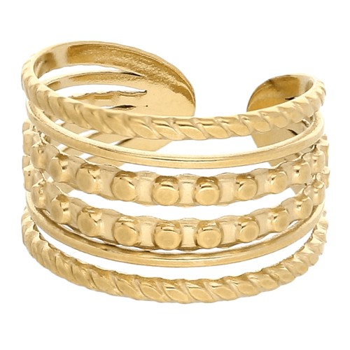 Bague large fantaisie multirangs réglable - Taille 50 à 60 - Acier inox 304 Doré