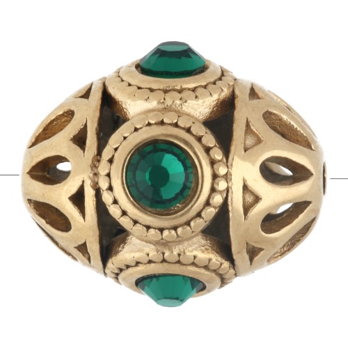 Perle ethnique 11x13 mm avec strass - Acier inoxydable 316 doré - Emeraude x 1