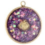 Breloque ronde 17.5 mm motif coquillage Résine époxy Acier inox 304 Doré Violet x1