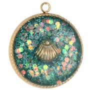Breloque ronde 17.5 mm motif coquillage Résine époxy Acier inox 304 Doré - Vert x1