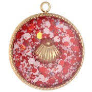 Breloque ronde 17.5 mm motif coquillage Résine époxy Acier inox 304 Doré -Rouge x1