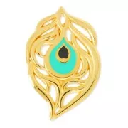 Pendentif plume de paon époxy 40x26 mm Noir/Turquoise/doré x1