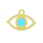 Breloque oeil porte-bonheur résine époxy 11 mm Turquoise/Doré à l'or fin x1