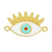 Intercalaire oeil porte-bonheur 2 anneaux 26 mm Blanc/Turquoise/Doré à l'or fin x1