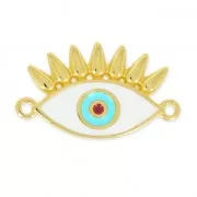 Intercalaire oeil porte-bonheur 2 anneaux 26 mm Blanc/Turquoise/Doré à l'or fin x1