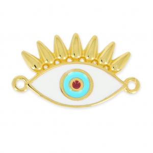Intercalaire oeil porte-bonheur 2 anneaux 26 mm Blanc/Turquoise/Doré à l'or fin x1