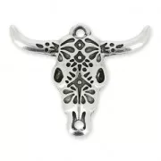 Pendentif tête de taureau/crâne de buffle ethnique 32 mm Placage Argent fin vieilli x1