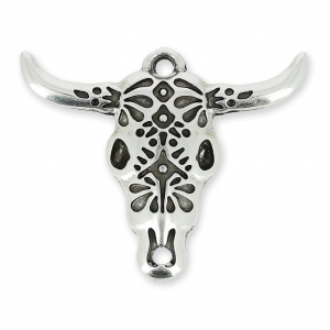 Pendentif tête de taureau/crâne de buffle ethnique 32 mm Placage Argent fin vieilli x1
