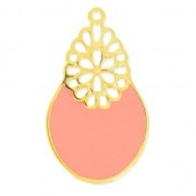 Pendentif ovale décor fleur résine époxy 36 mm Light Coral/Doré à l'or fin x1|raw }}