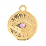 Breloque médaille oeil porte-bonheur résine époxy 16 mm doré/mauve