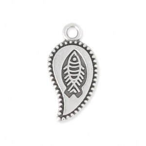 Breloque feuille avec motif poisson 9x15  mm Placage Argent fin vieilli