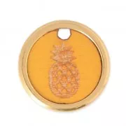Breloque ronde en bois et métal Ananas 20 mm Orange/doré x1