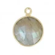 Pendentif pierre ronde facettée 12 mm serti Argent 925 Plaqué Or / Labradorite x1