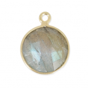Pendentif pierre ronde facettée 12 mm serti Argent 925 Plaqué Or / Labradorite x1