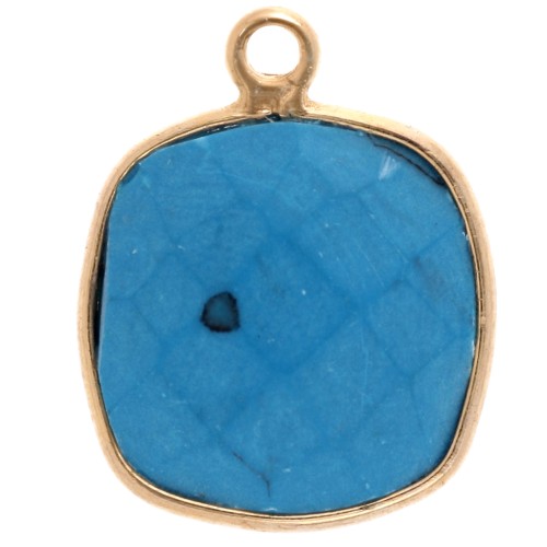 Pendentif carré pierre facettée 11 mm serti Argent 925 Plaqué Or/Imit Turquoise x1