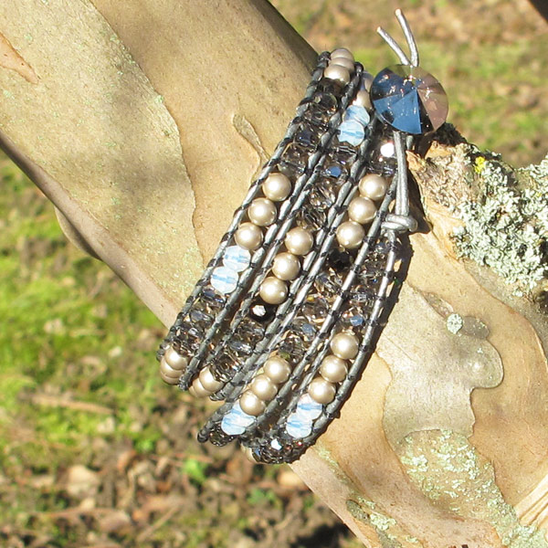 Bracelet Wrap Cendré Cordon en cuir Rondes et Nacrées PureCrystal